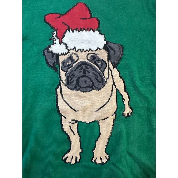 Ugly Christmas Sweater Pug Dog Santa Hat Striped Sleeves Green XL - Picture 3 of 8